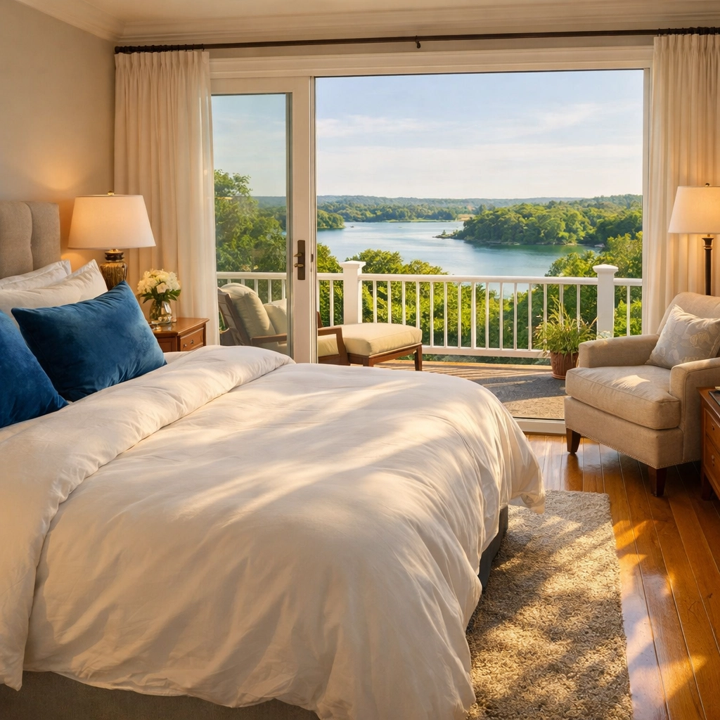 A serene, dust-free luxury master bedroom in Hingham overlooking World’s End after a Hingham Luxury Cleaning service.