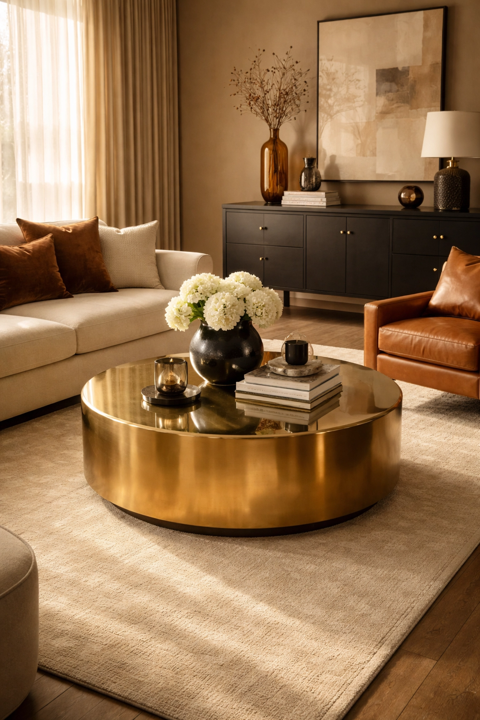 Elegant living room with brass coffee table, black sideboard, and warm brown accents for a luxury interior look