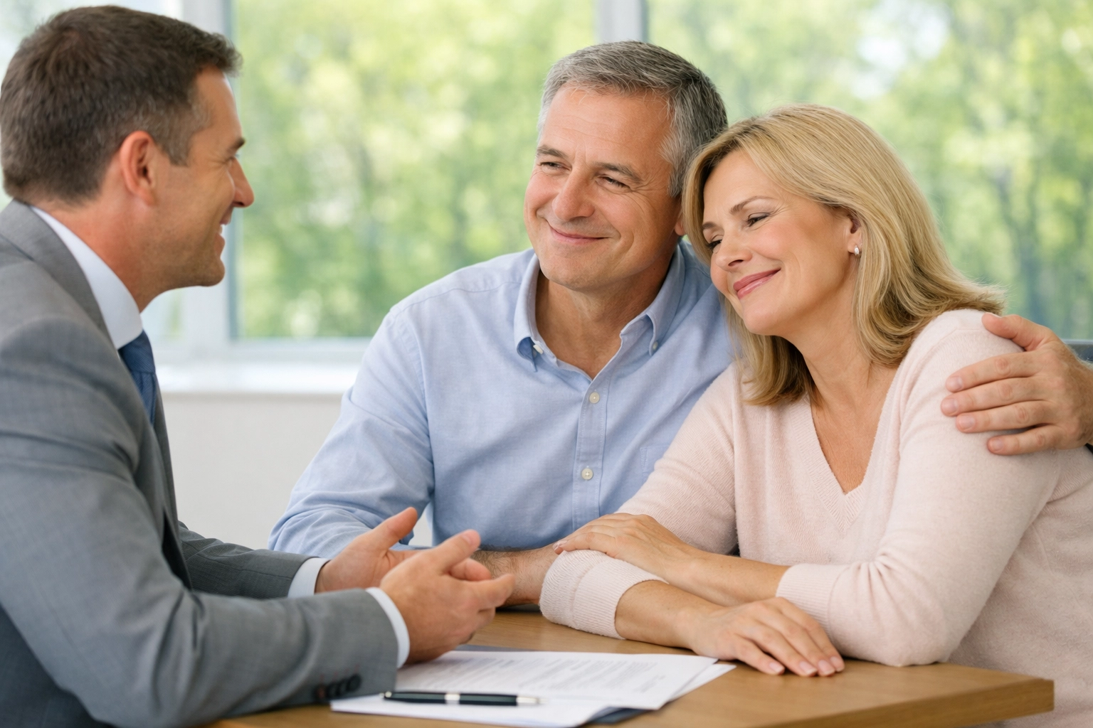 Financial advisor meeting with a couple for a tax assessment to provide peace of mind and family security.