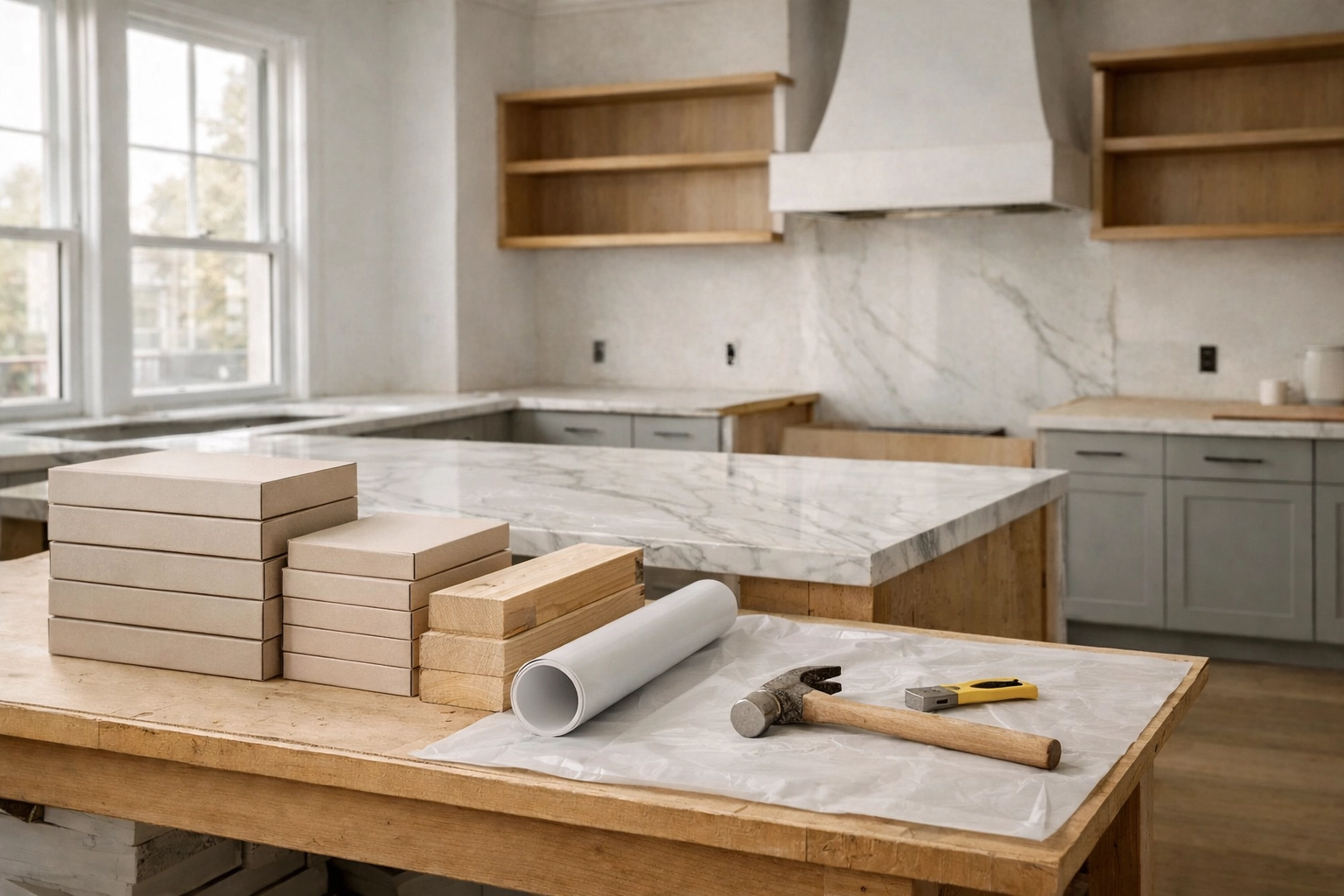 Luxury kitchen renovation in progress with construction materials covered by builder's risk insurance