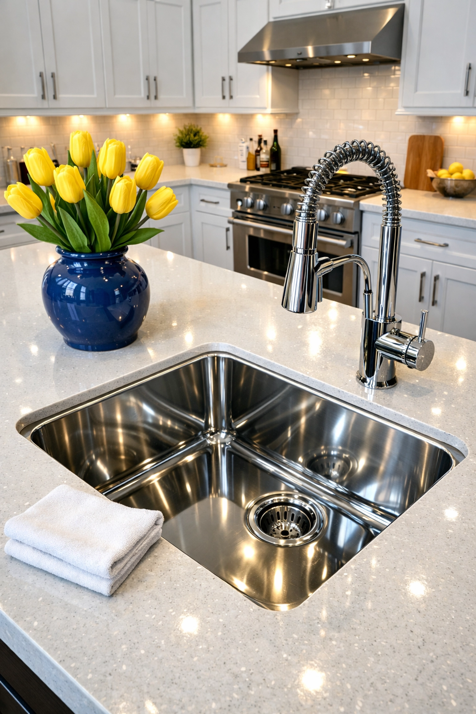 Spotless luxury kitchen in Worcester with polished white quartz countertops and a shining sink.
