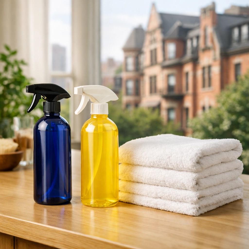 Eco-friendly supplies used for high-quality apartment cleaning in Boston in a luxury kitchen setting.