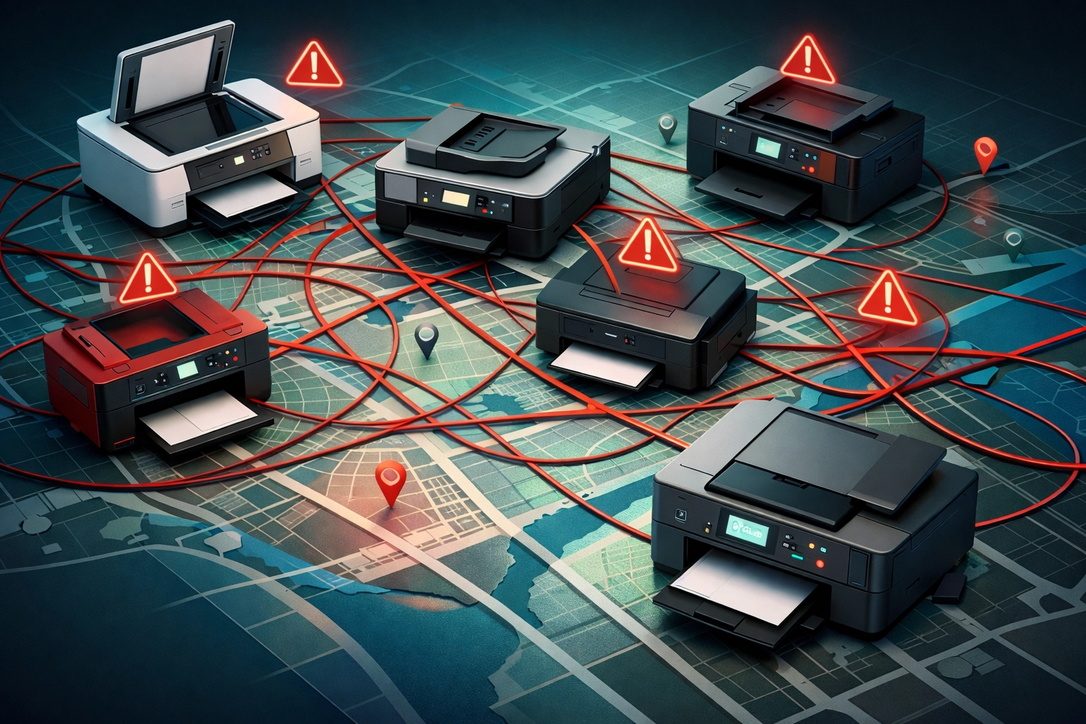 Multi-site printer management challenges showing fragmented devices and error connections