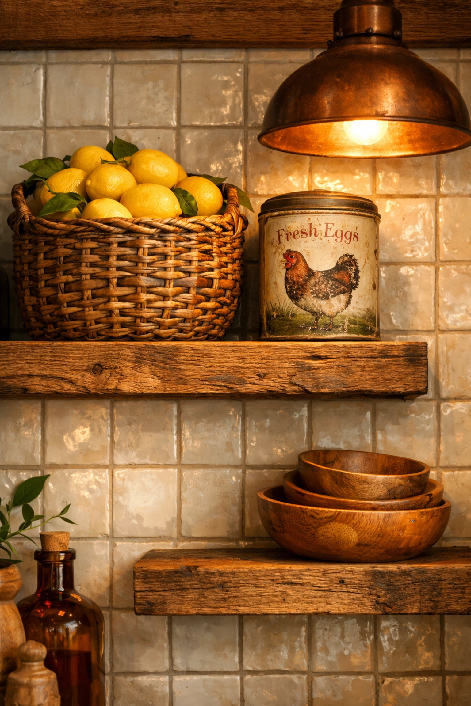 Reclaimed wood floating shelves decorated with artisanal baskets and rustic handcrafted kitchen decor.
