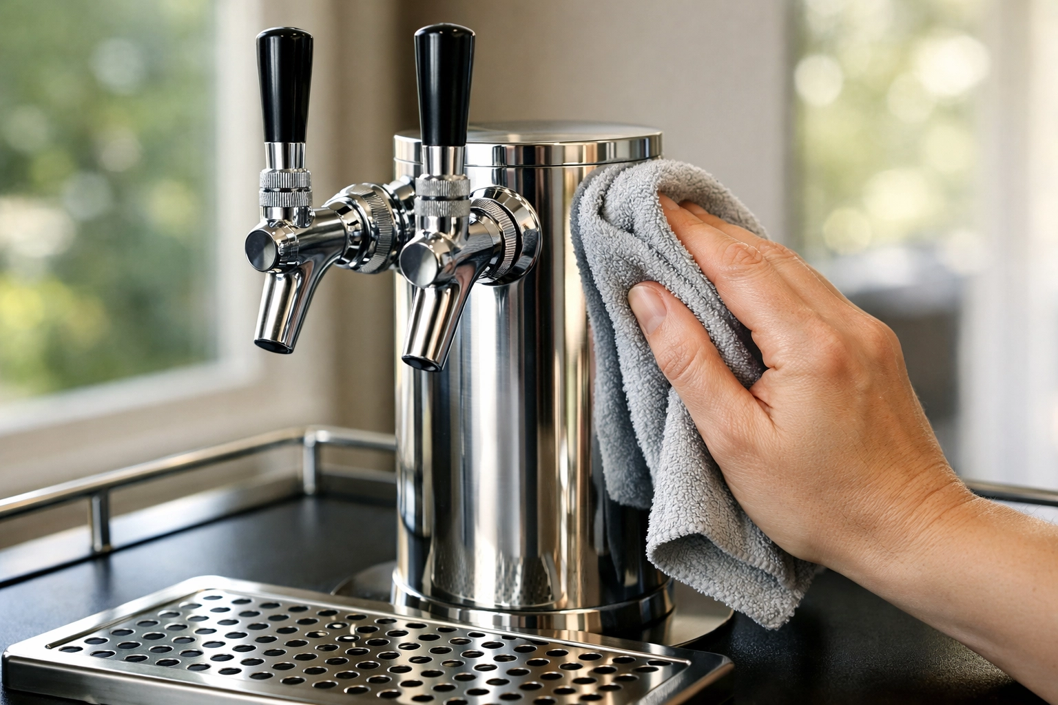 Close-up of premium stainless steel draft tower and faucets on a kegerator