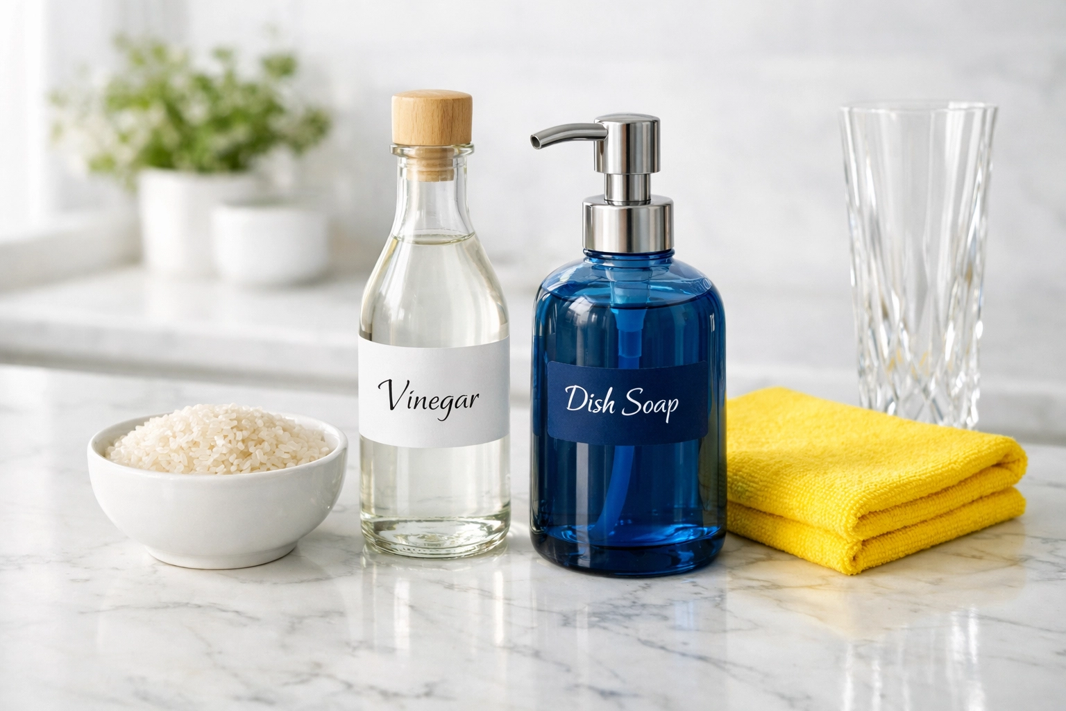 Cleaning supplies for the rice hack: a bowl of rice, vinegar, dish soap, and a narrow glass vase.