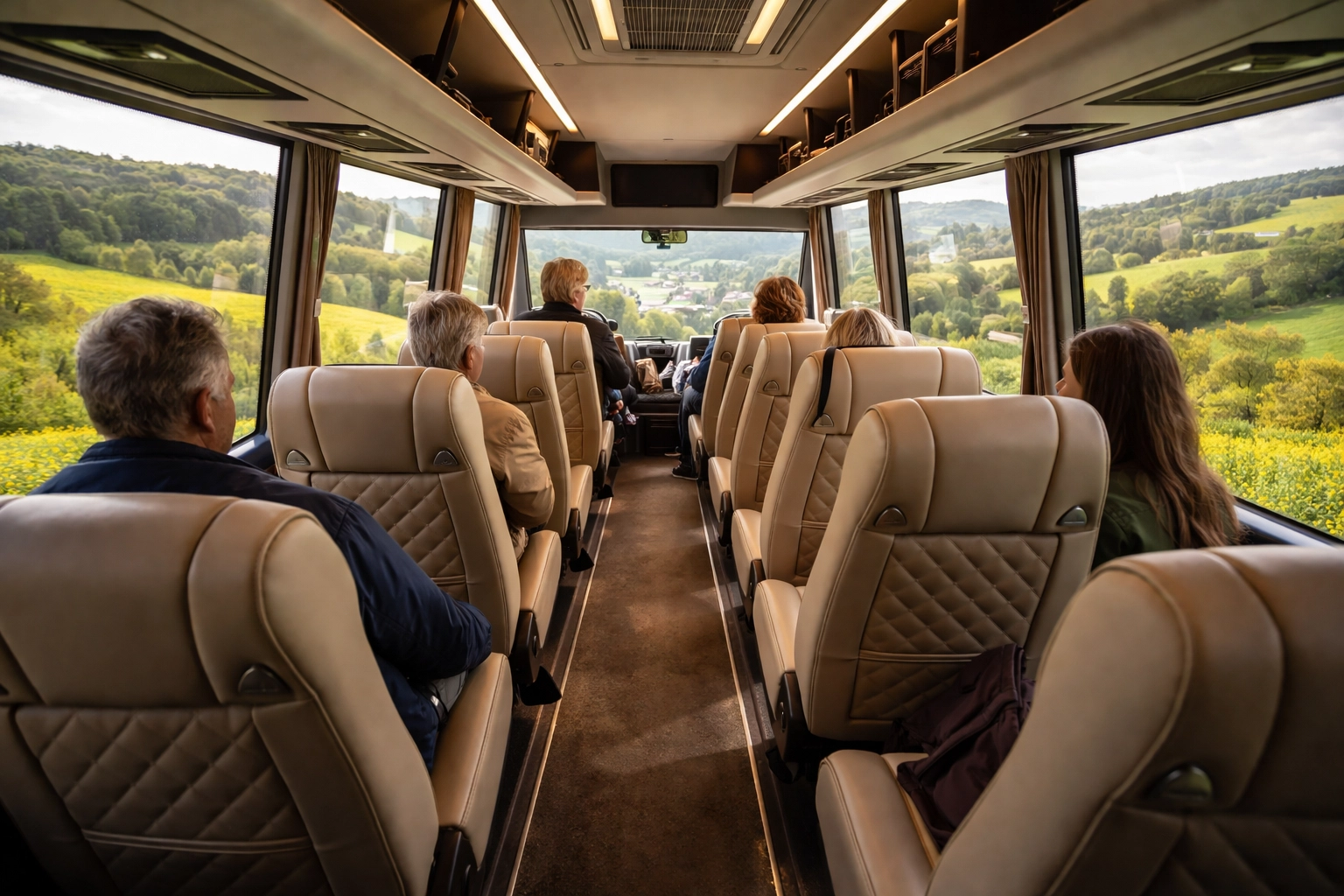 Luxury 16-seater mini-bus interior on a London to Chipping Campden journey through the Cotswolds