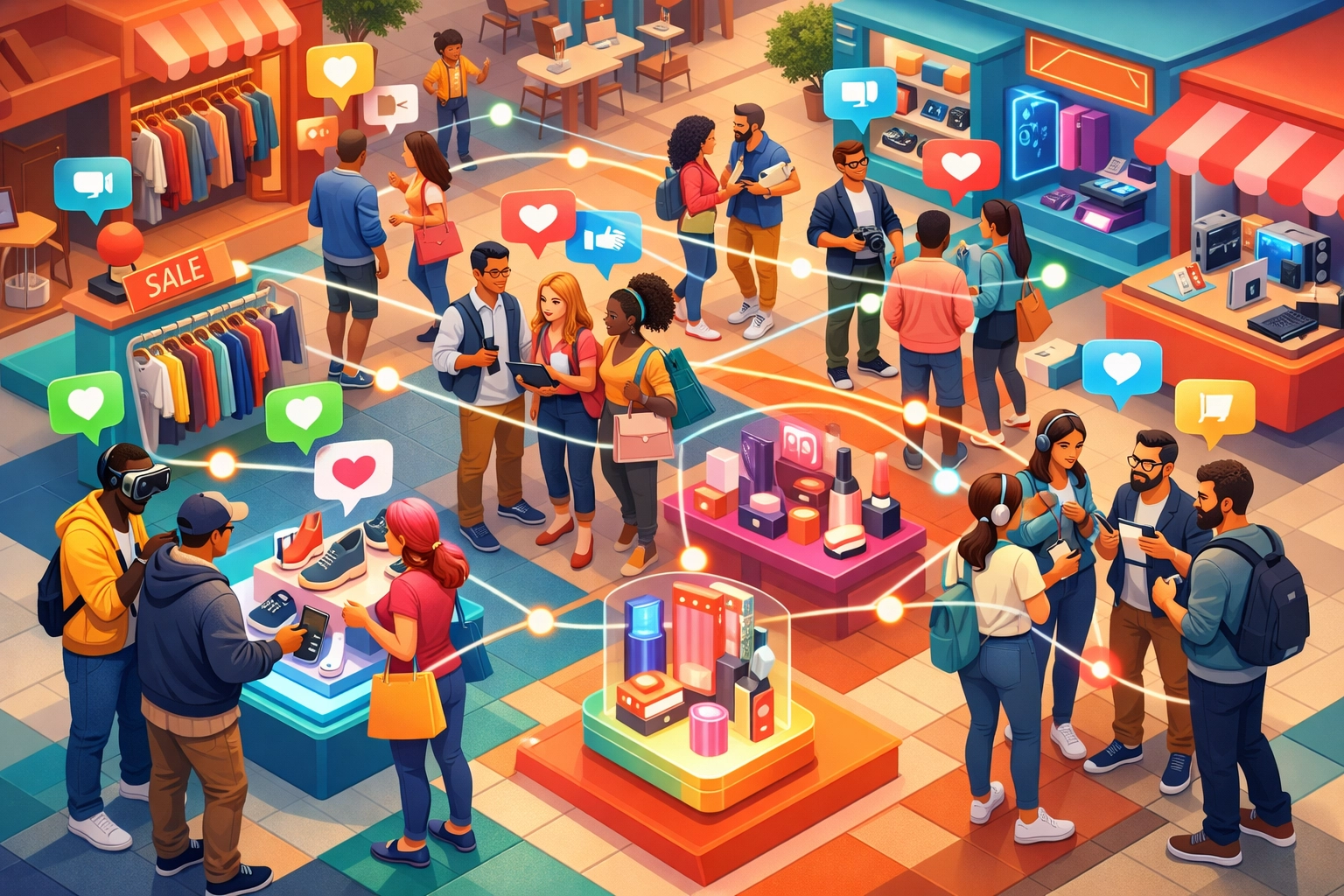 Community members shopping together in Larecoin's social commerce virtual marketplace