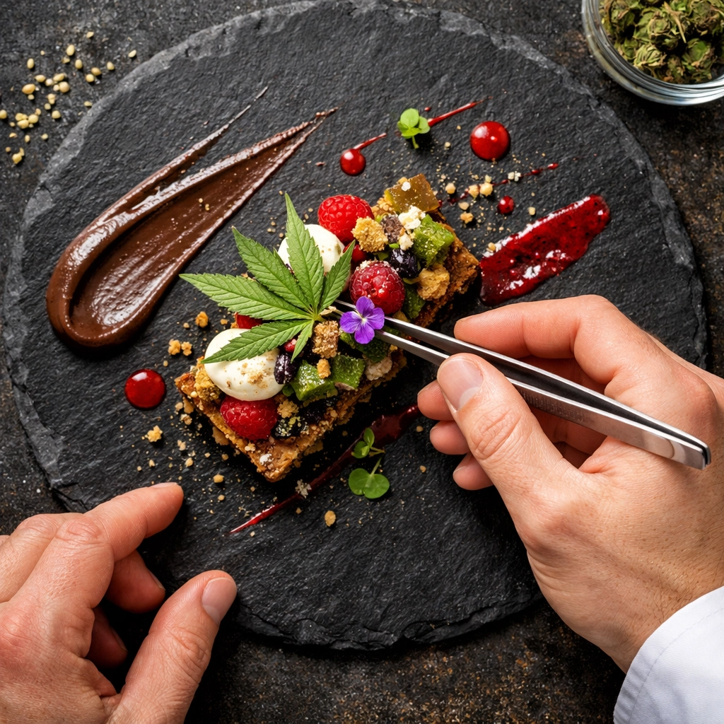 A professional private chef at home meticulously garnishing a luxury weed-infused dessert for guests.