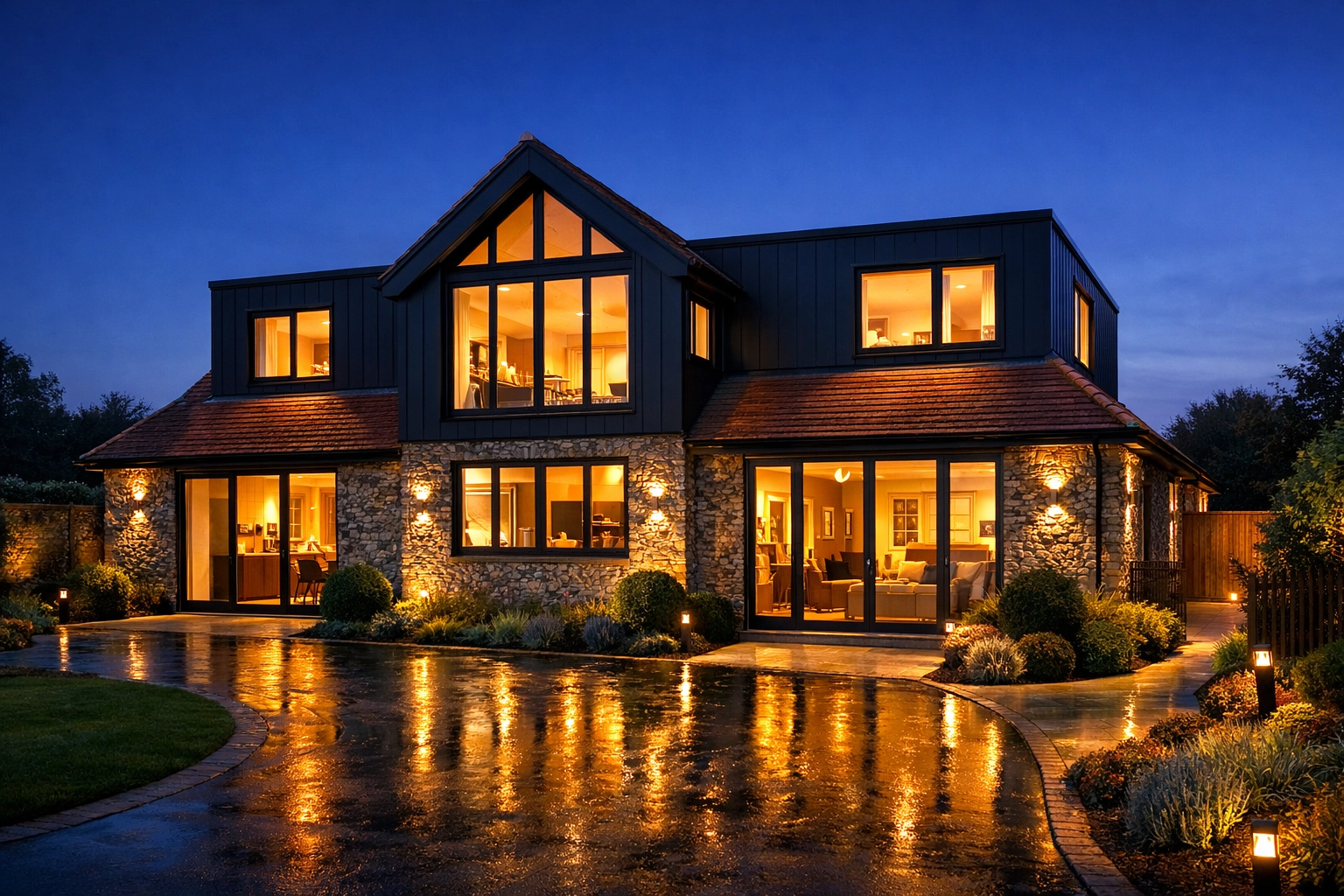 Exterior of a transformed West Sussex bungalow with a modern second-floor extension at twilight.