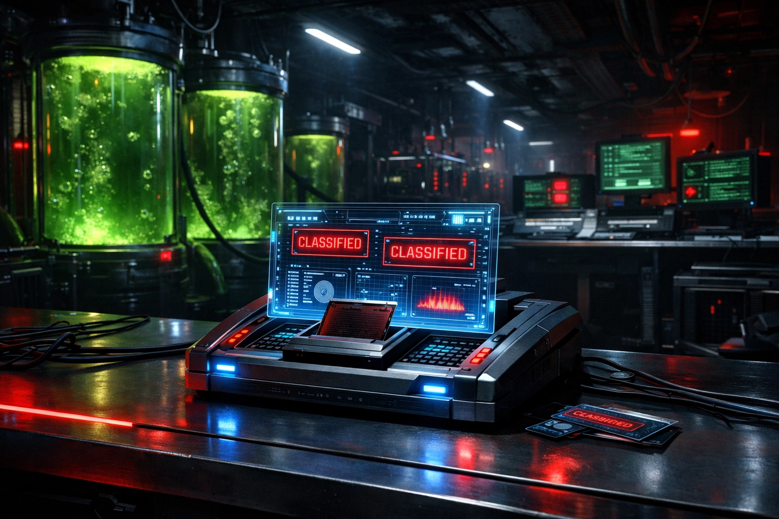 Moody high-tech laboratory workstation inspired by the iconic Team Rocket Pokémon TCG set aesthetic.