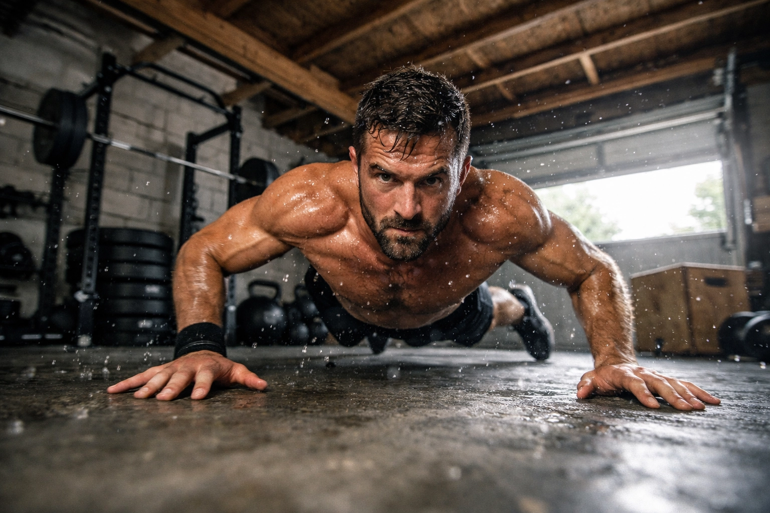 CrossFit athlete performing burpee in home garage gym during intense full body workout session