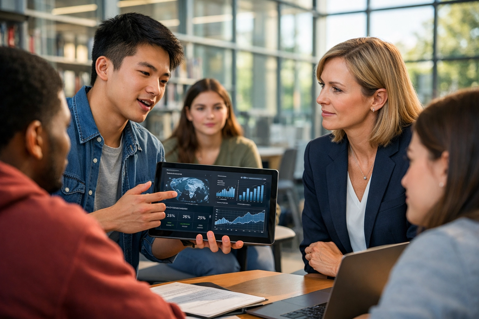 Students in a modern school library learning business acumen and financial literacy for future careers.