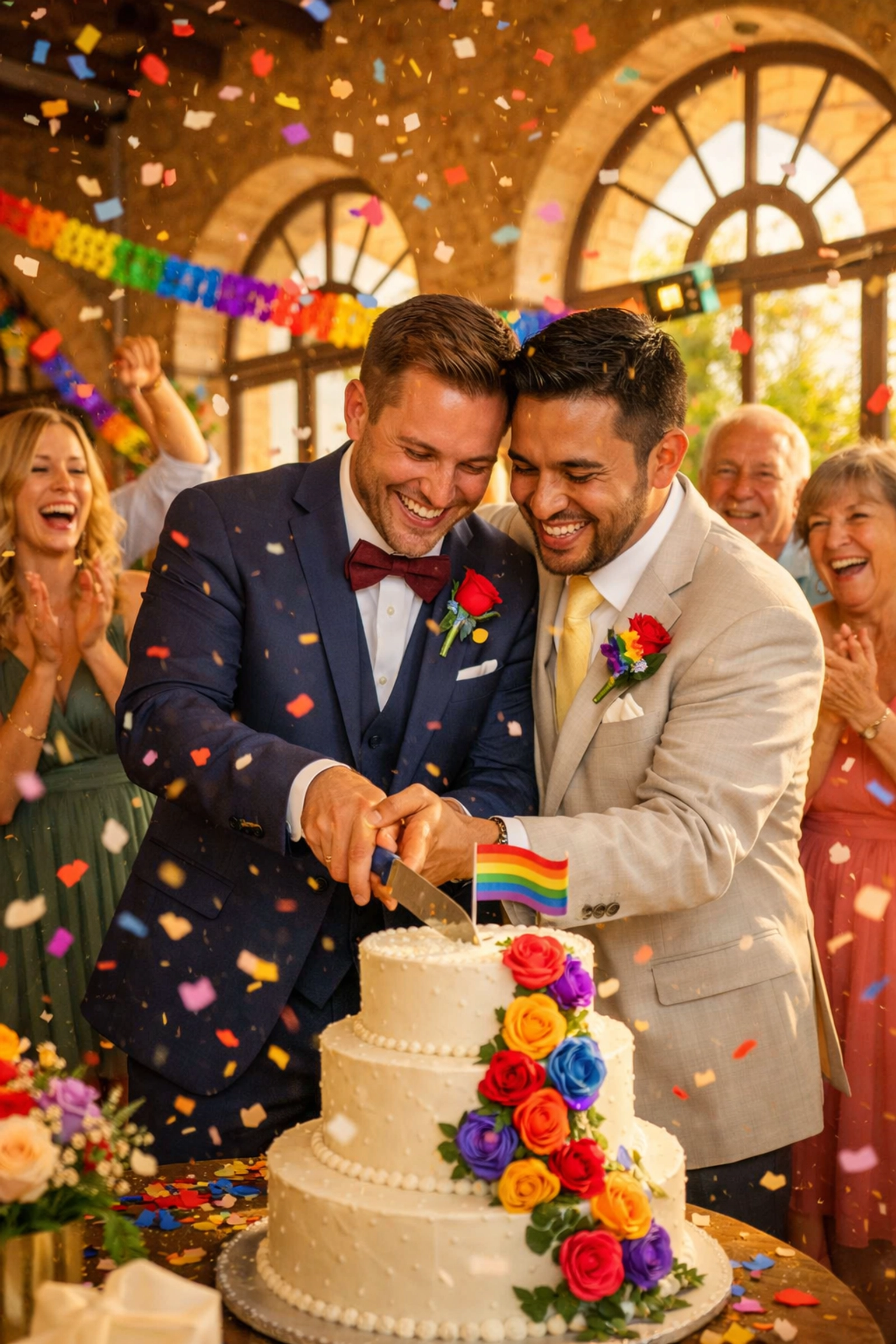 Two grooms celebrating their wedding in Spain after 2005 marriage equality law
