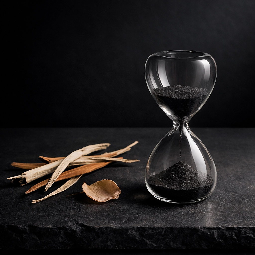 Minimalist hourglass and white willow bark strips on a dark surface, symbolizing the time needed for a healthy skin glow.