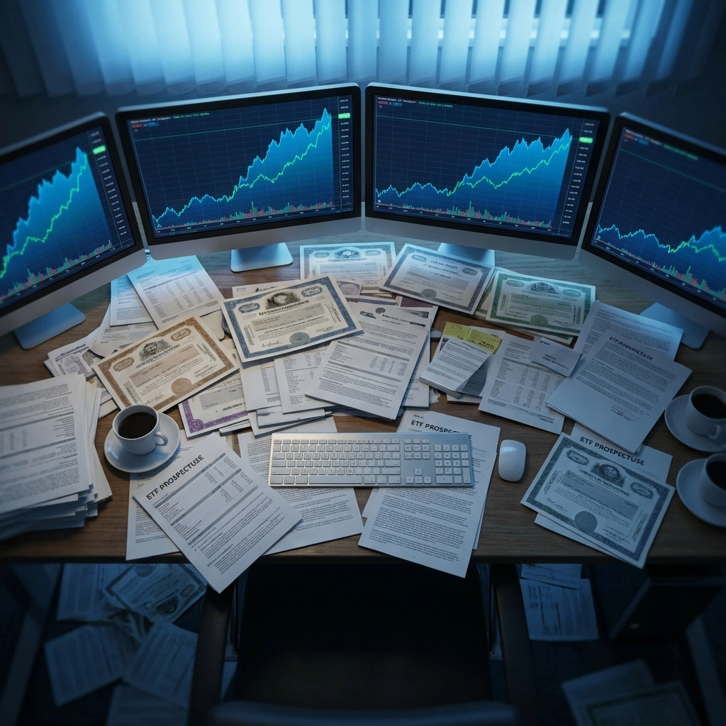 A disorganized investor's desk cluttered with financial documents and stock charts, illustrating portfolio over-diversification risks.