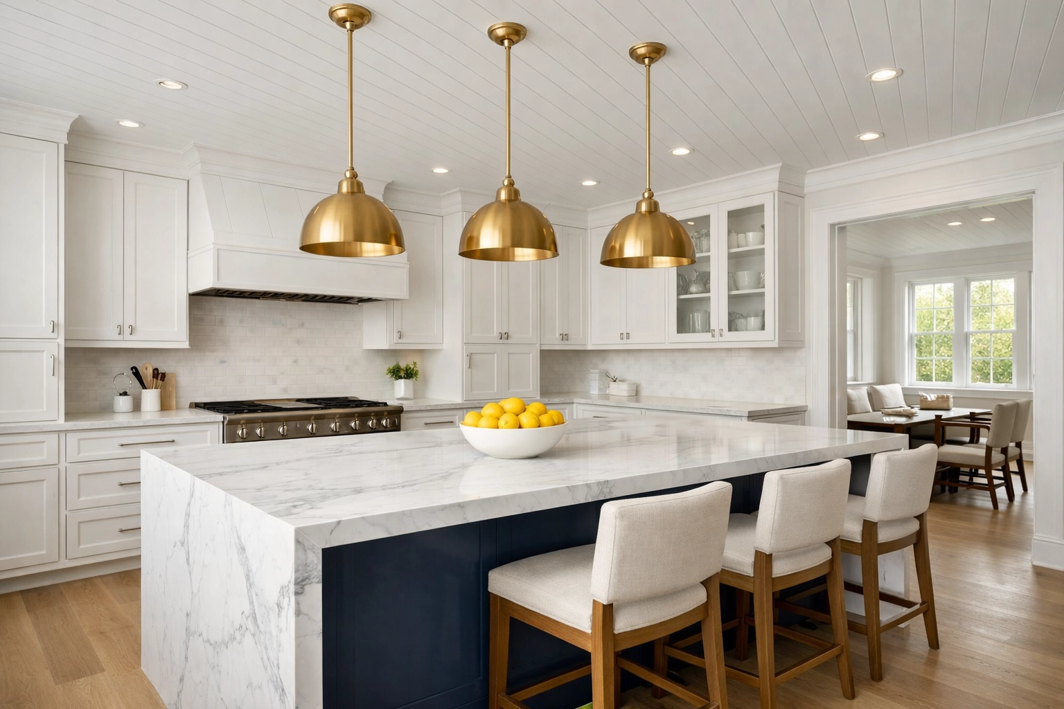 A modern Mashpee kitchen featuring a sanitized island and marble countertops from bi weekly house cleaning.