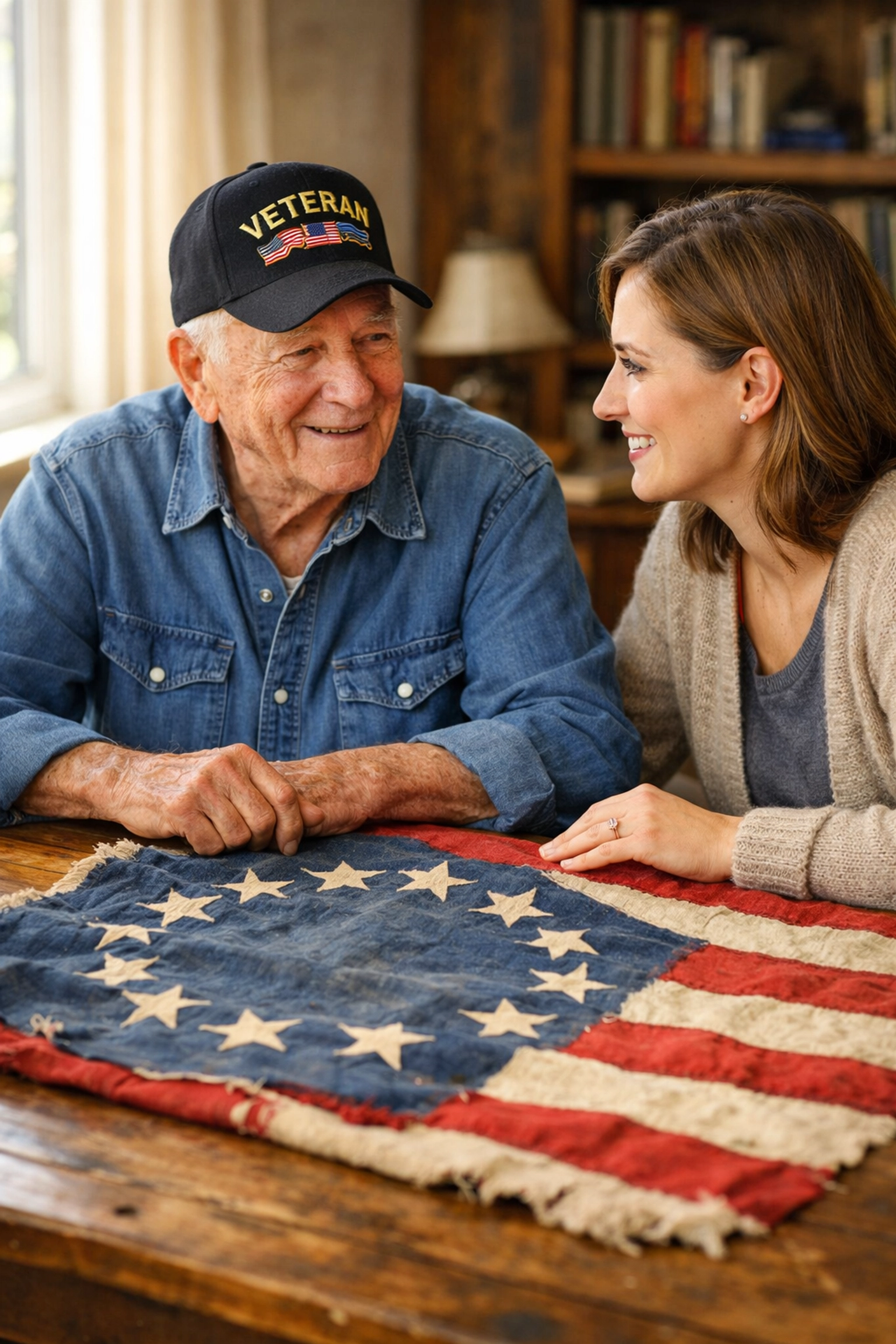 A veteran and educator looking at a historical American flag while discussing the history of the Pledge.
