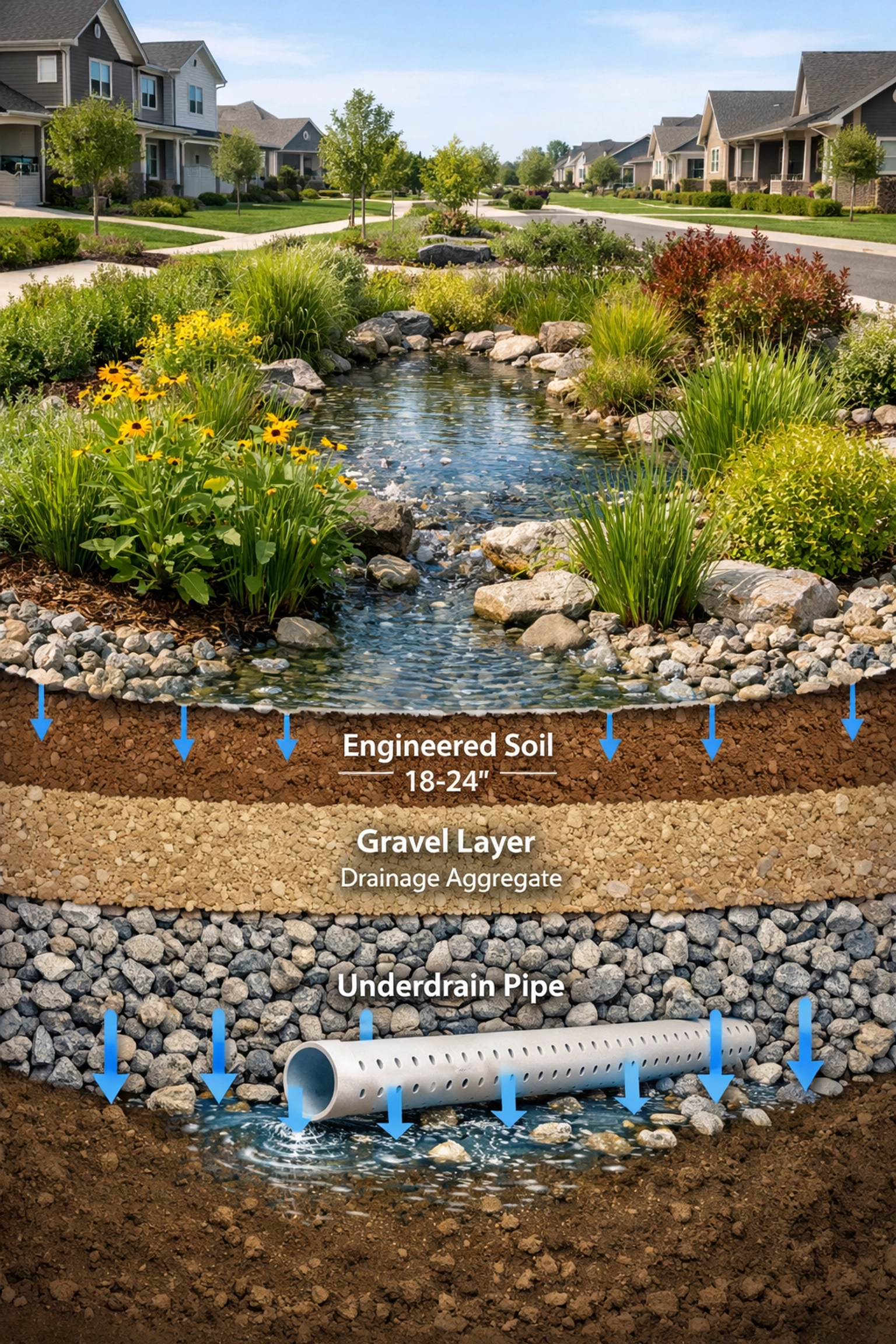 Sustainable LID bio-retention cell illustrating effective stormwater management and lot grading for Ontario projects.