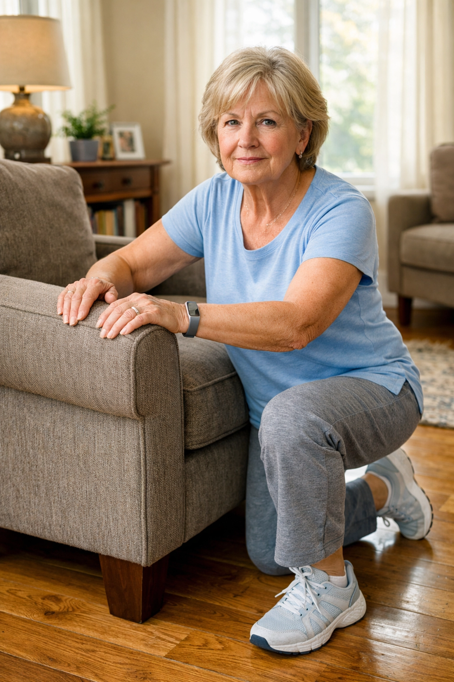 Senior woman in kneeling position using armchair for support while getting up after a fall