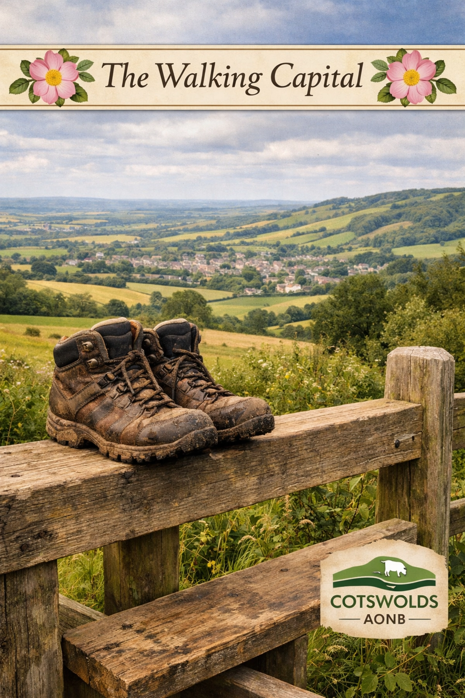 Walking boots on a stile overlooking the Cotswold Way trail in Winchcombe.