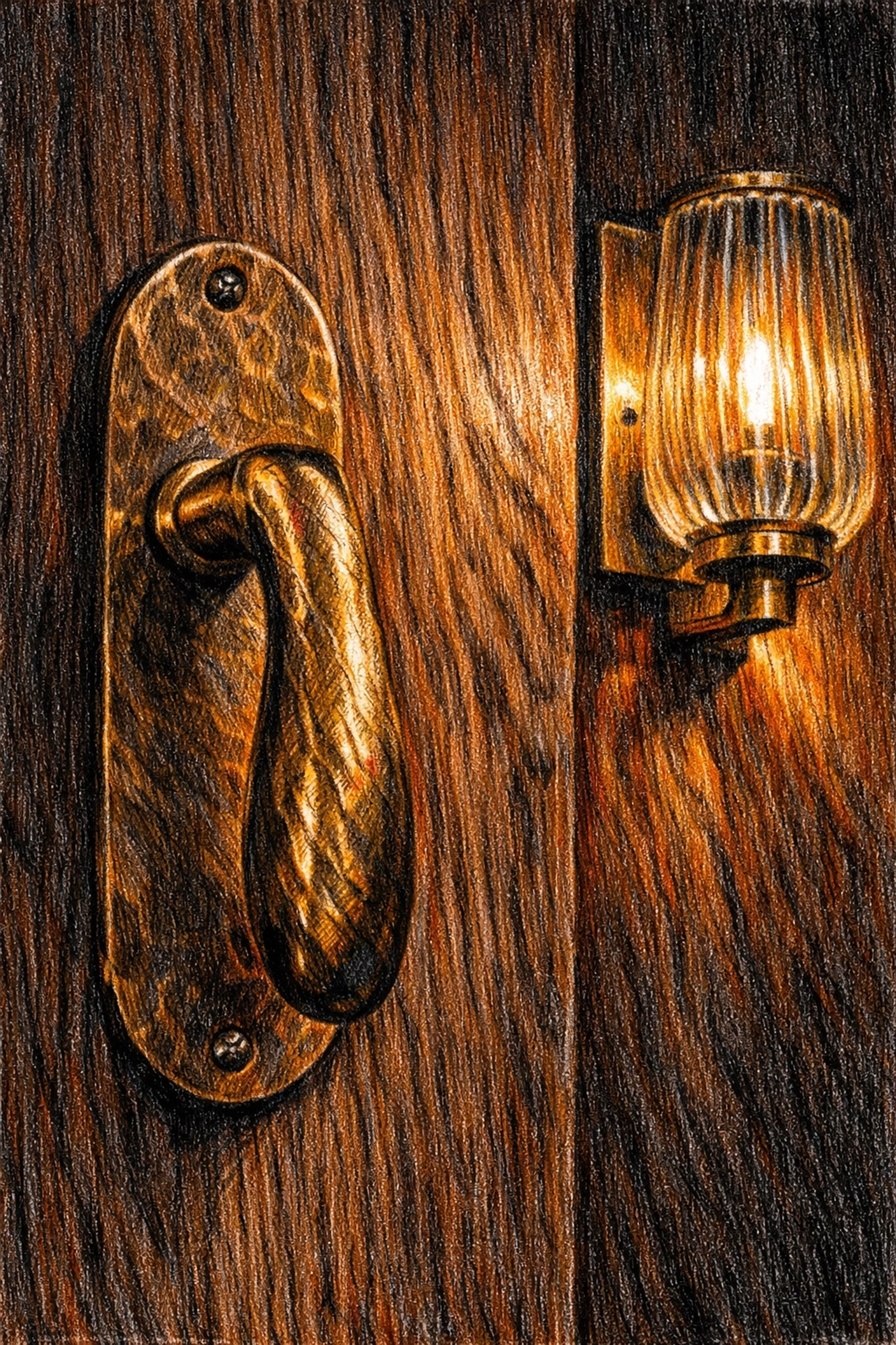 Close-up of a bronze door handle and walnut wood, showcasing luxury hospitality design details.