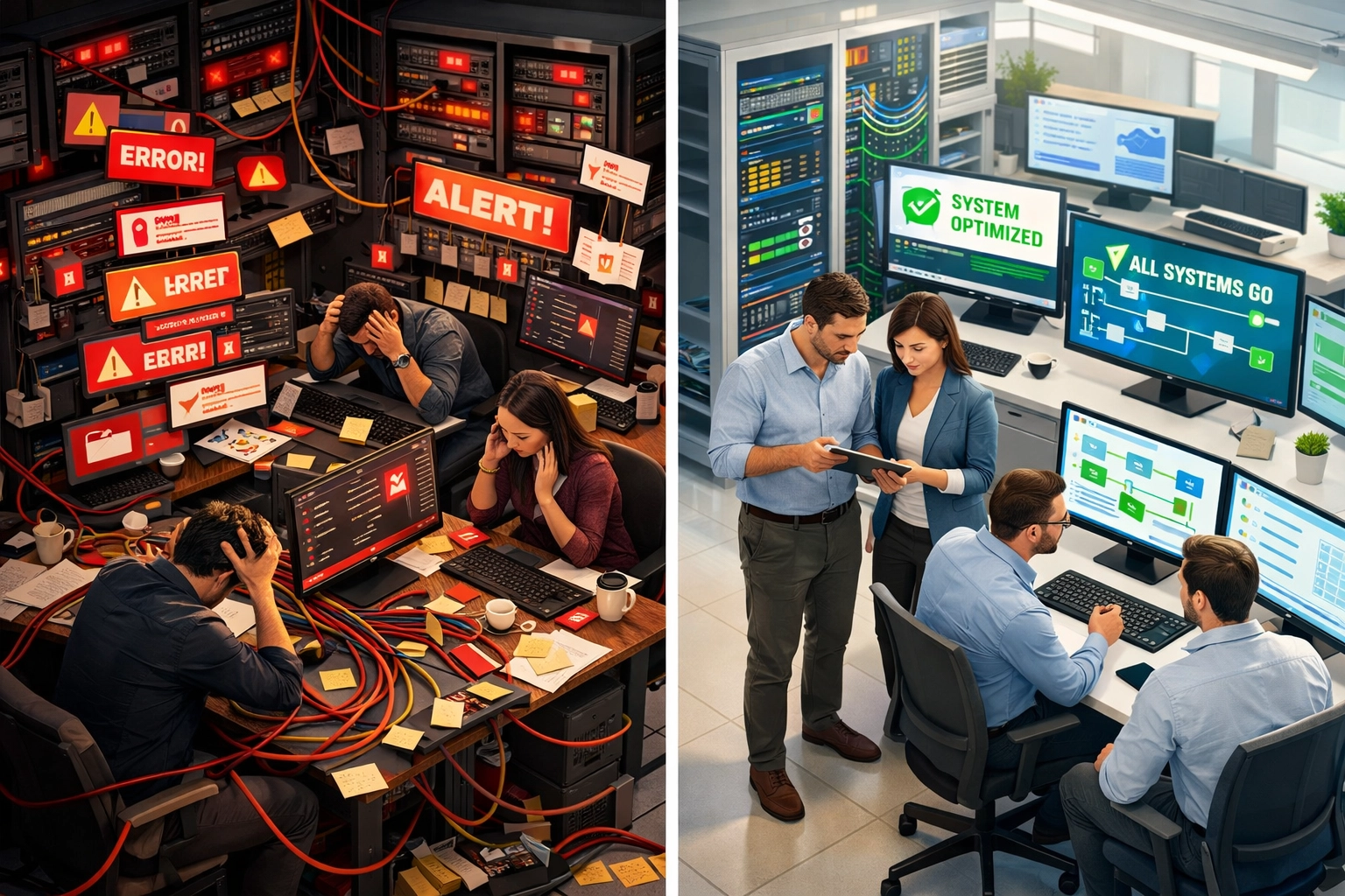 Before and after comparison of IT operations center showing ITOM implementation transformation impact