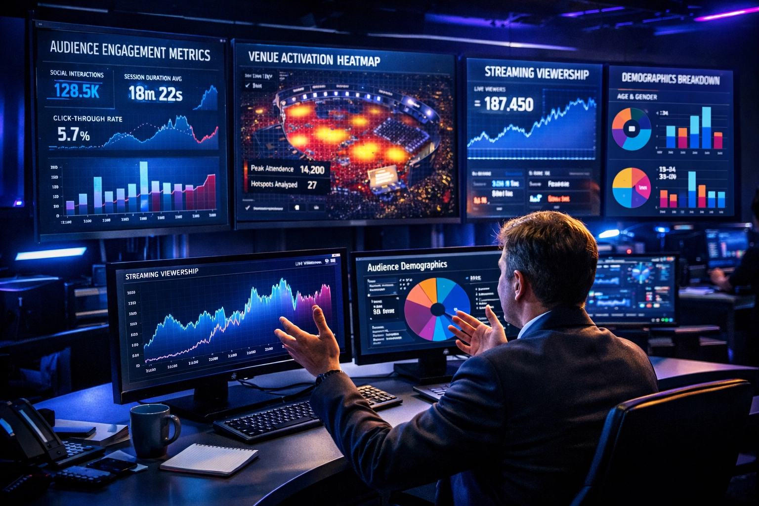 Data analytics dashboard displaying audience engagement metrics for sports and entertainment media consulting
