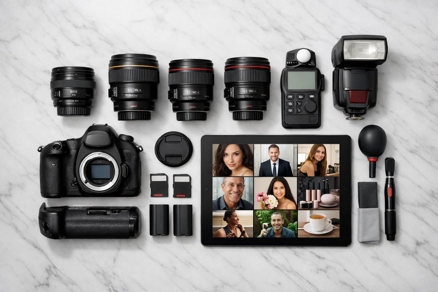 High-end photography equipment and professional portfolio display in a New York City studio.