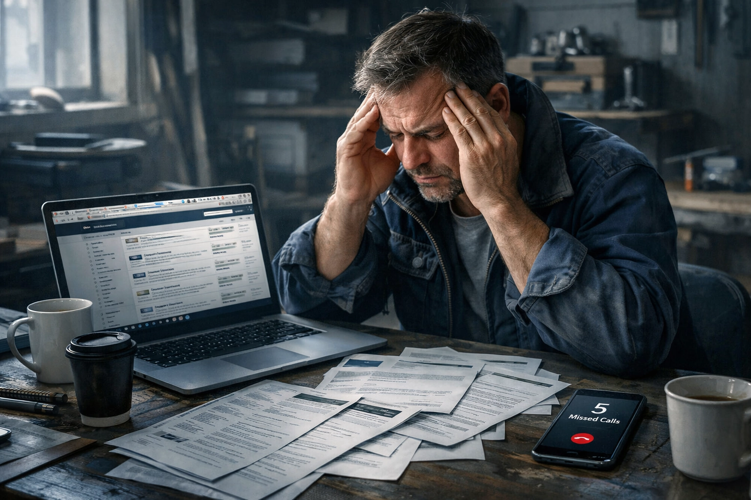 Frustrated contractor overwhelmed by job board applications and hiring chaos