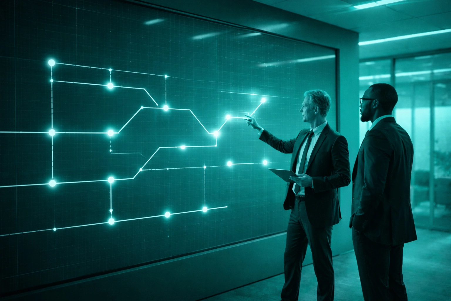 Executives analyze a digital transformation roadmap on an interactive touchscreen wall, visualizing governance steps.