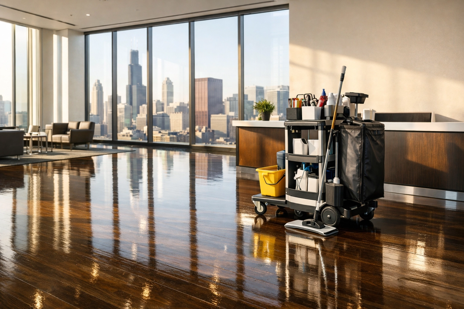 Modern Chicago office lobby with pristine polished floors showing professional cleaning standards.