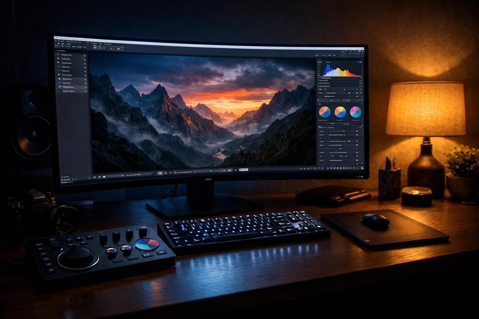 Digital artist editing a landscape image as part of a post-processing photography tutorial.