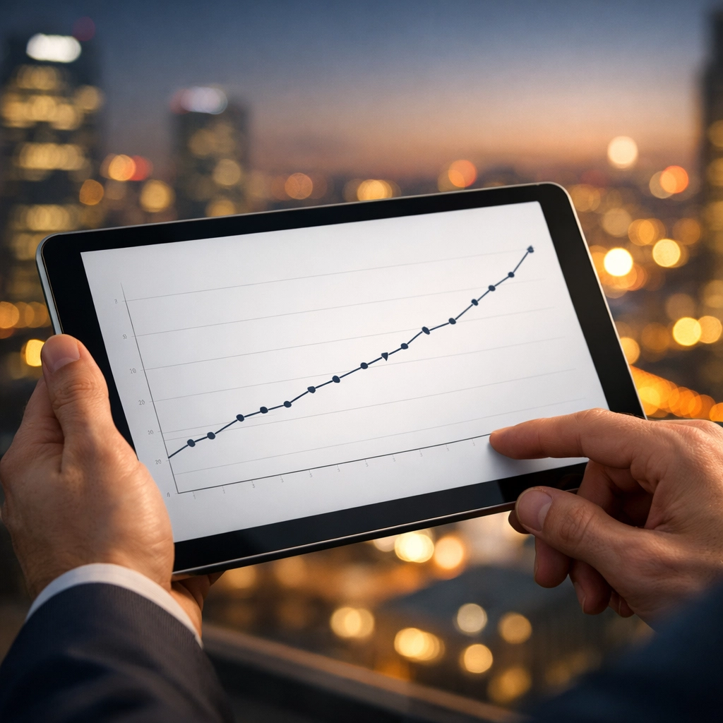 A tablet displaying a consistent growth graph for a property management business exit strategy.