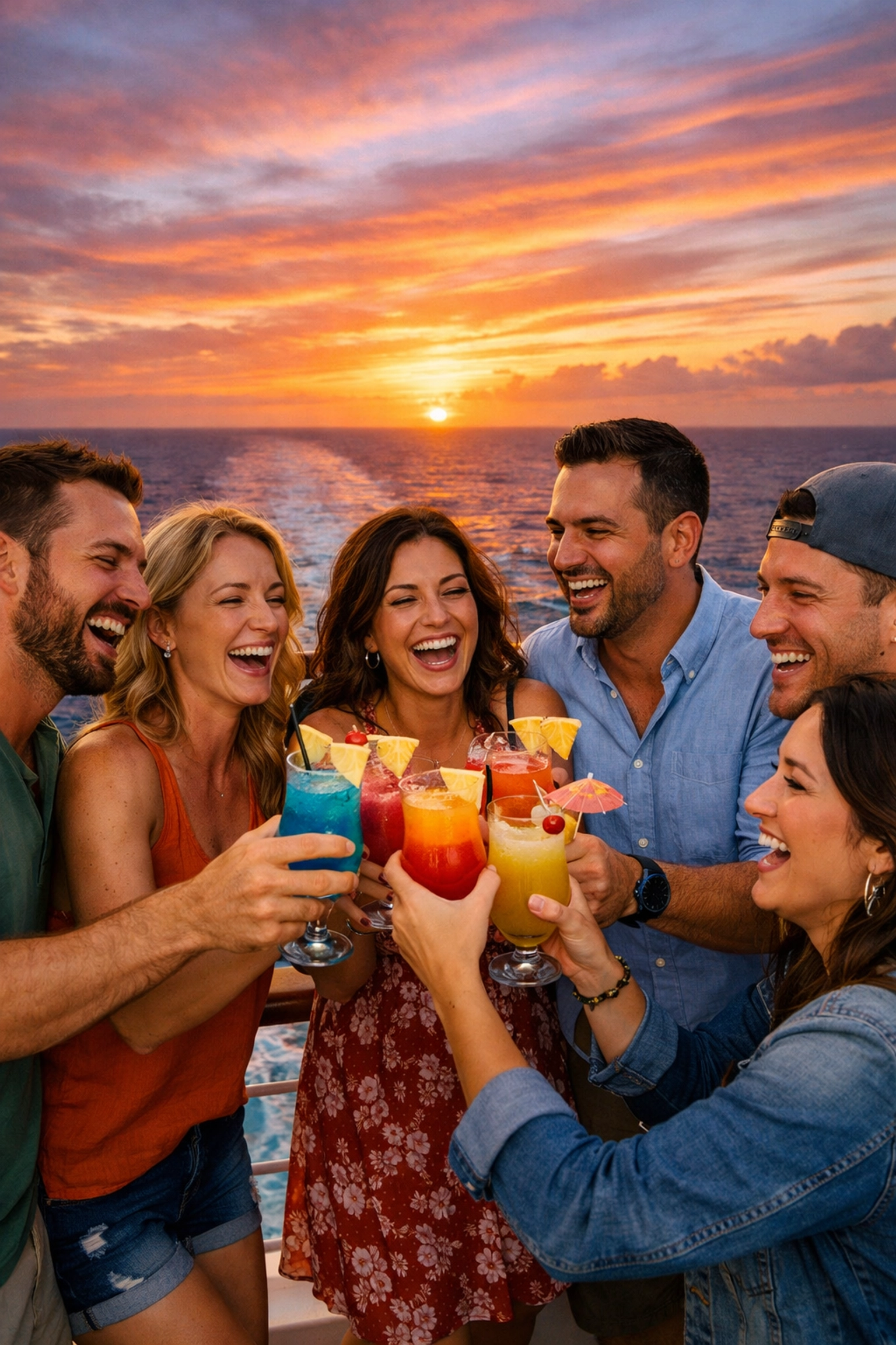 Adult family members clinking cocktails on a cruise balcony at sunset during a group getaway.