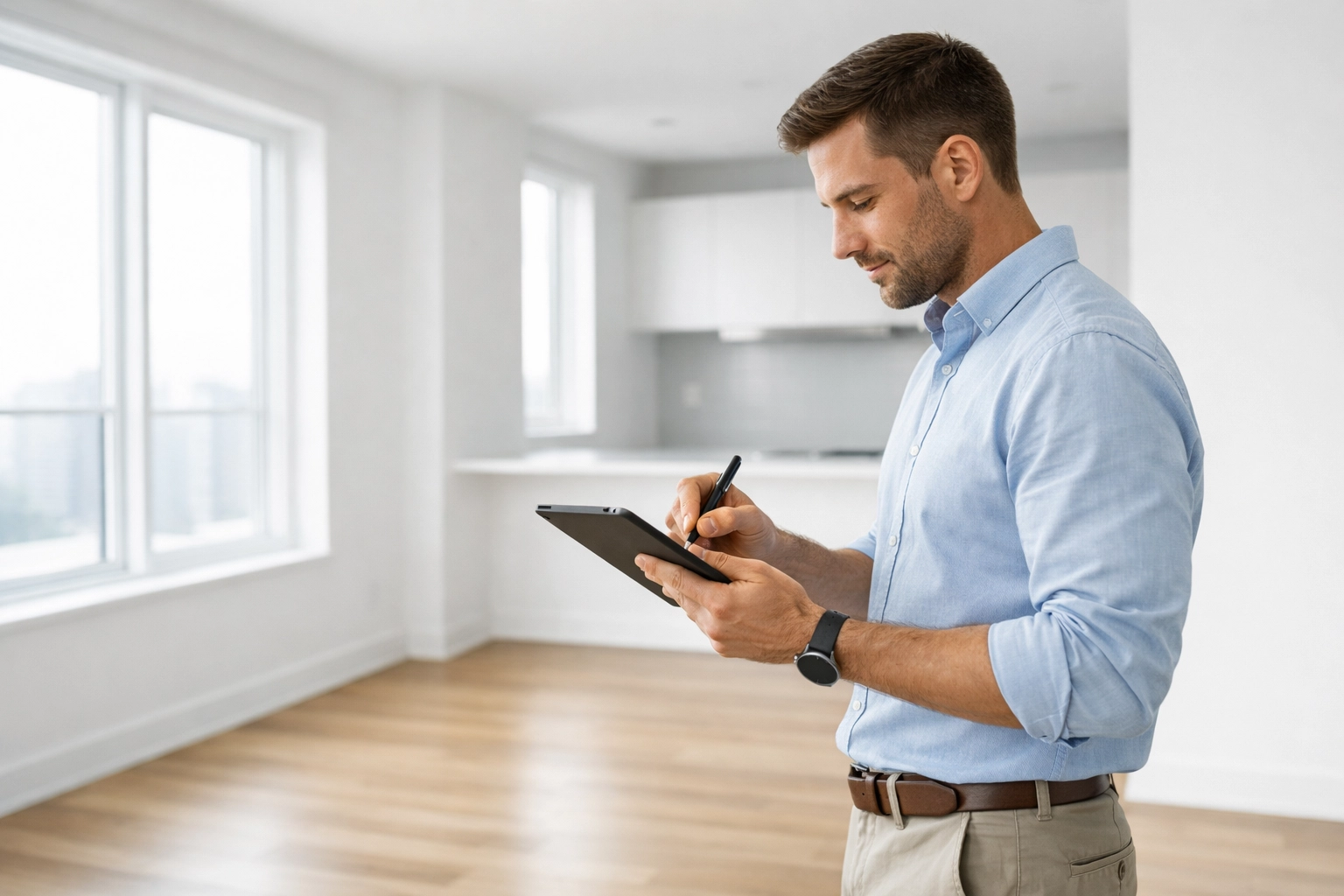 Property manager conducting pre-move-out apartment inspection with tablet before tenant leaves