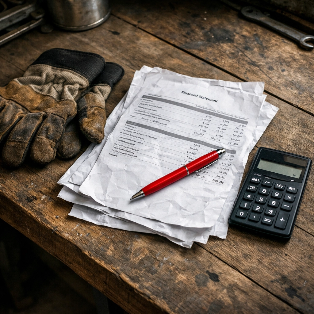 Work gloves and calculator on a workbench with financial statements for a debt restructuring assessment.