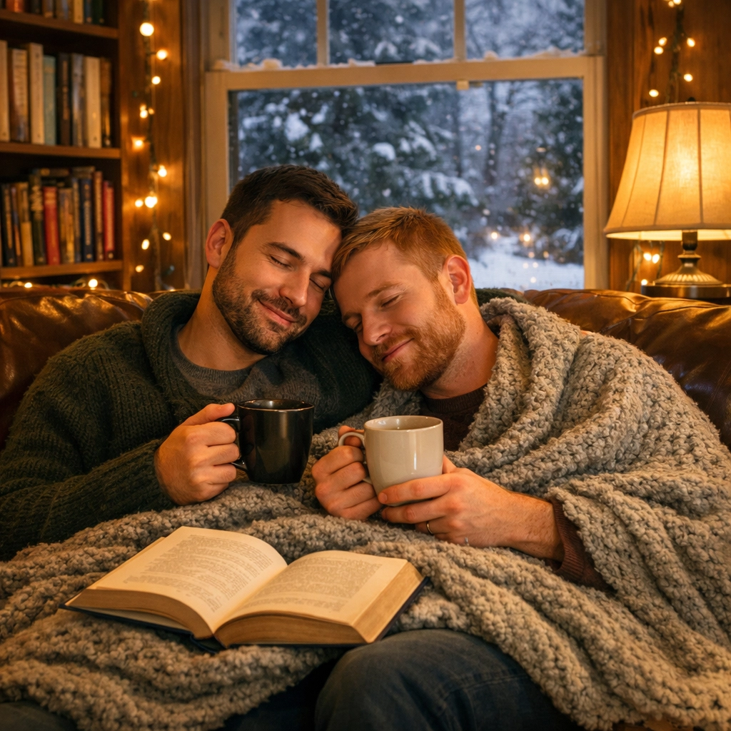 Gay couple cuddling with books and hot drinks during a cozy Boston winter evening