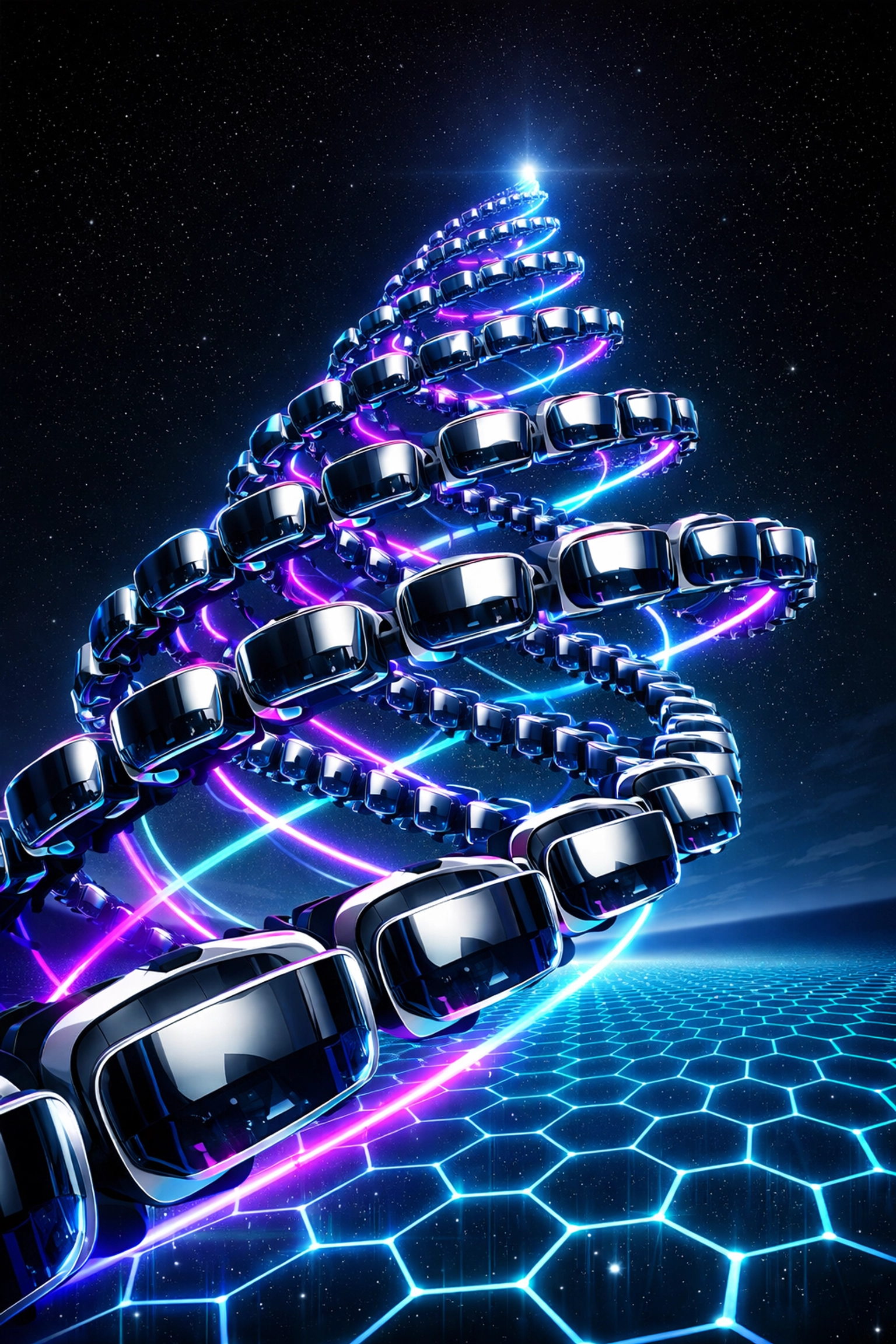 A vast digital network of VR headsets illustrating the scalability and ROI of extended reality training.