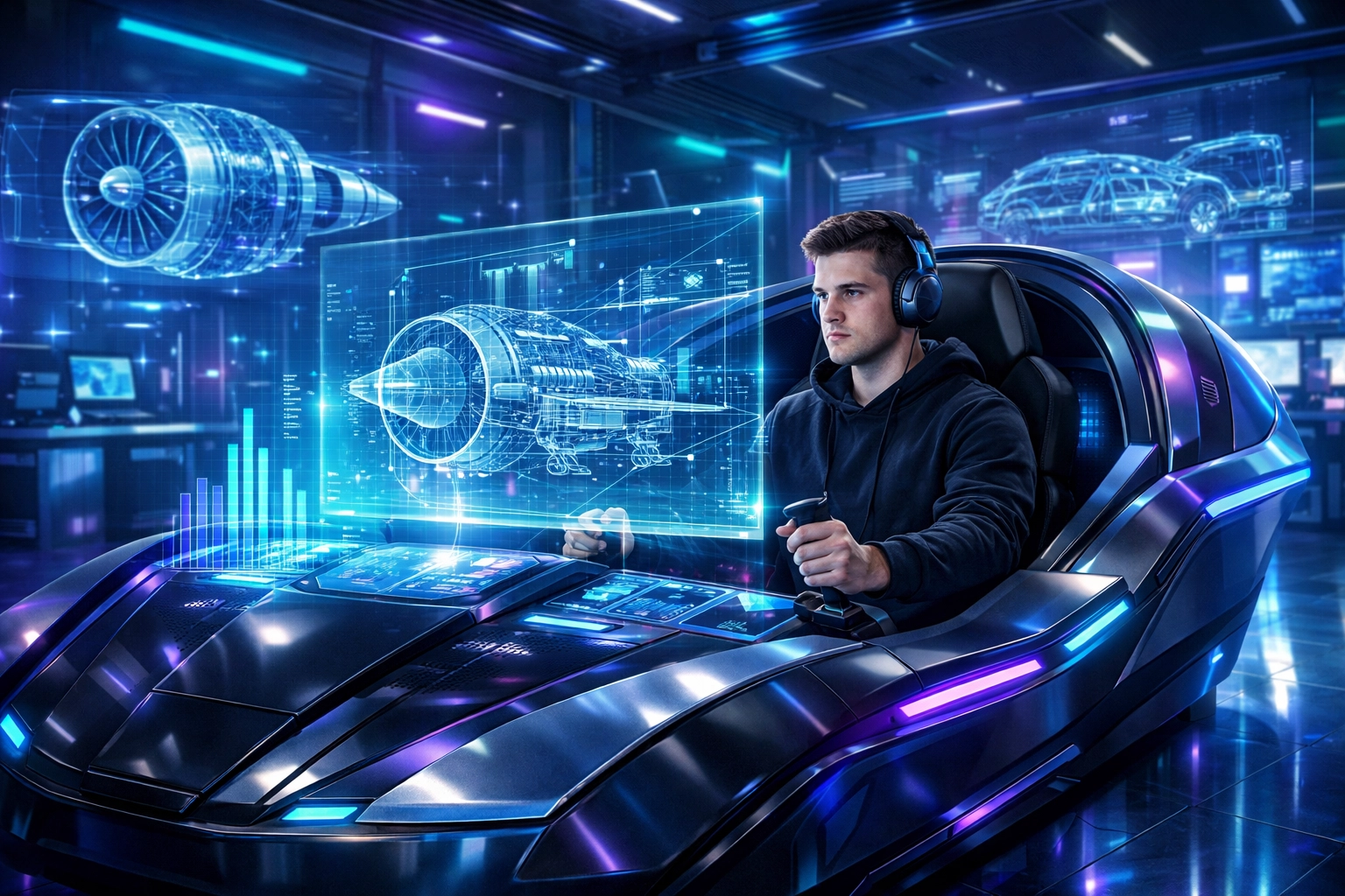 Student in a futuristic simulation pod developing technical skills for a tech-ready talent funnel.