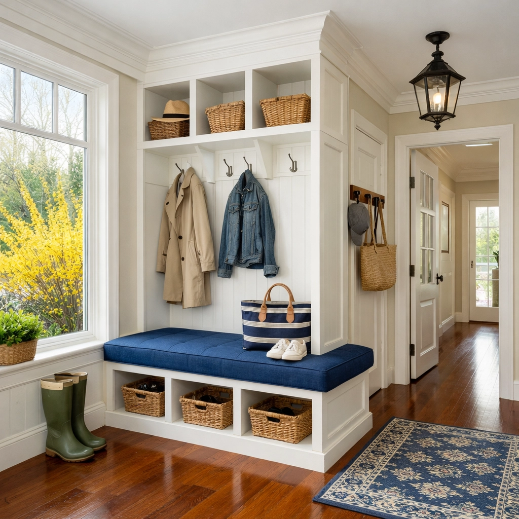 A spotless Massachusetts entryway prepared for a Ninja-Level Spring Cleaning Checklist and efficient home maintenance.