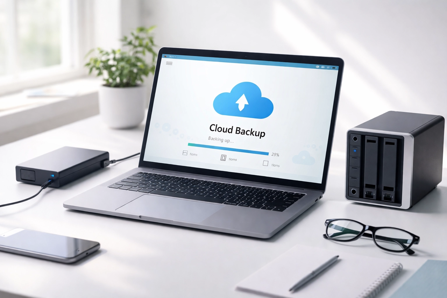 Modern office desk with laptop showing cloud backup for accounting IT support and data security