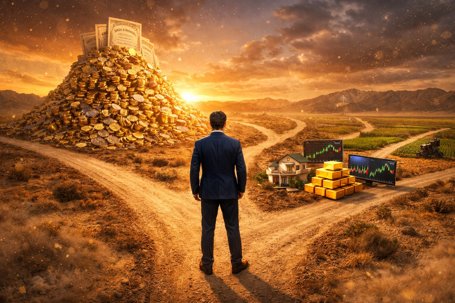 Investor choosing between concentrated holdings and diversified portfolio investment paths