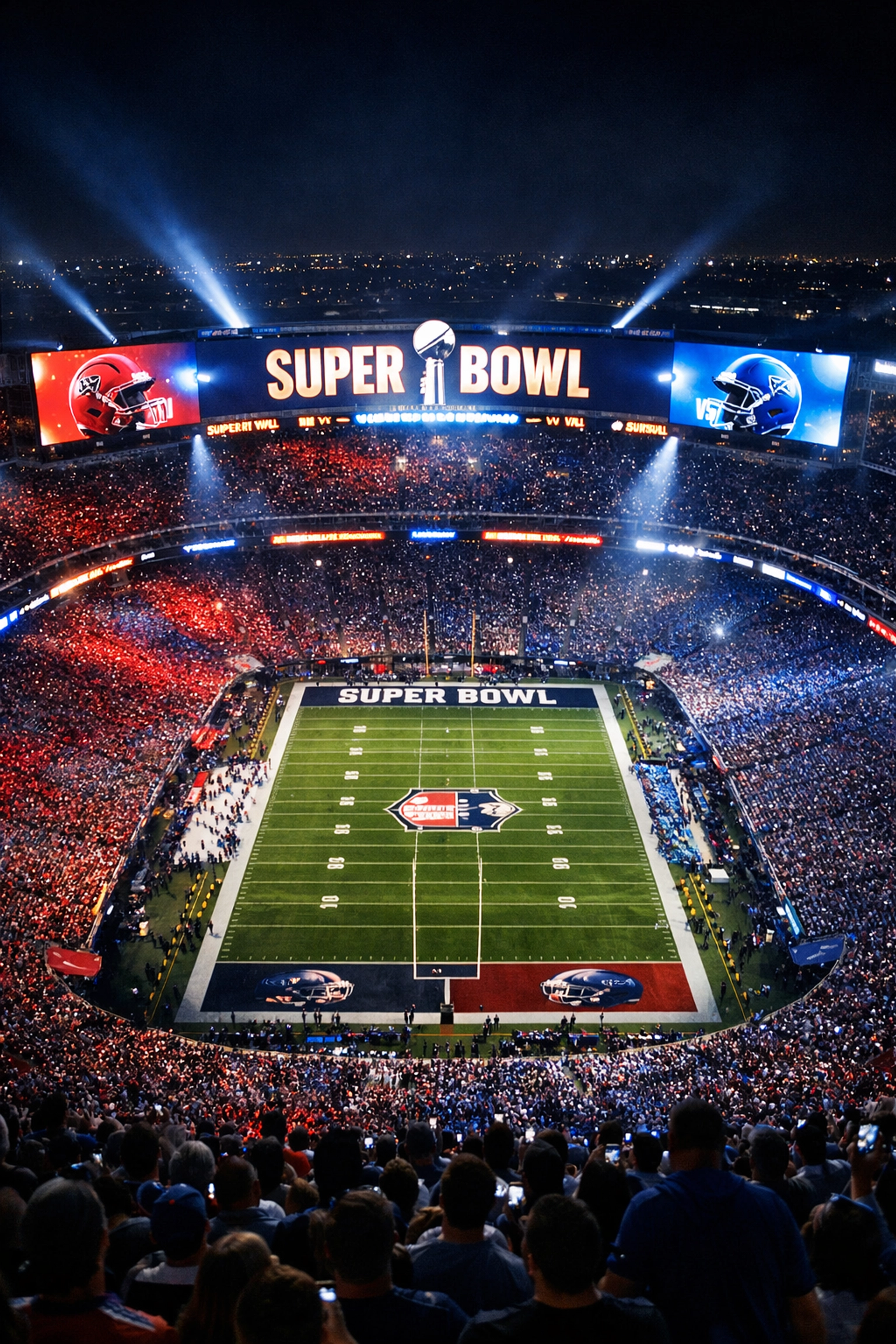 Super Bowl 2026 stadium with LED billboards and digital advertising displays