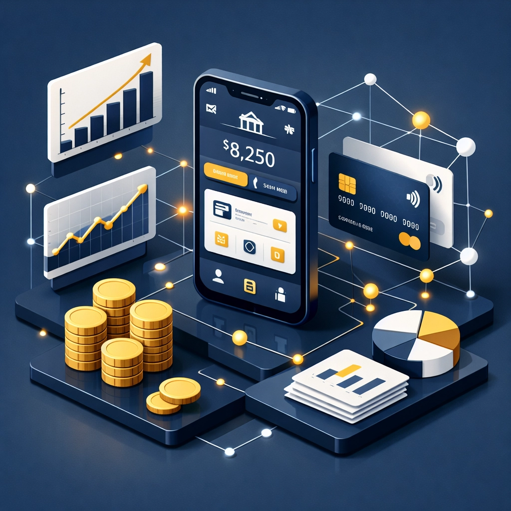 Écosystème digital financier avec applications bancaires et données interconnectées