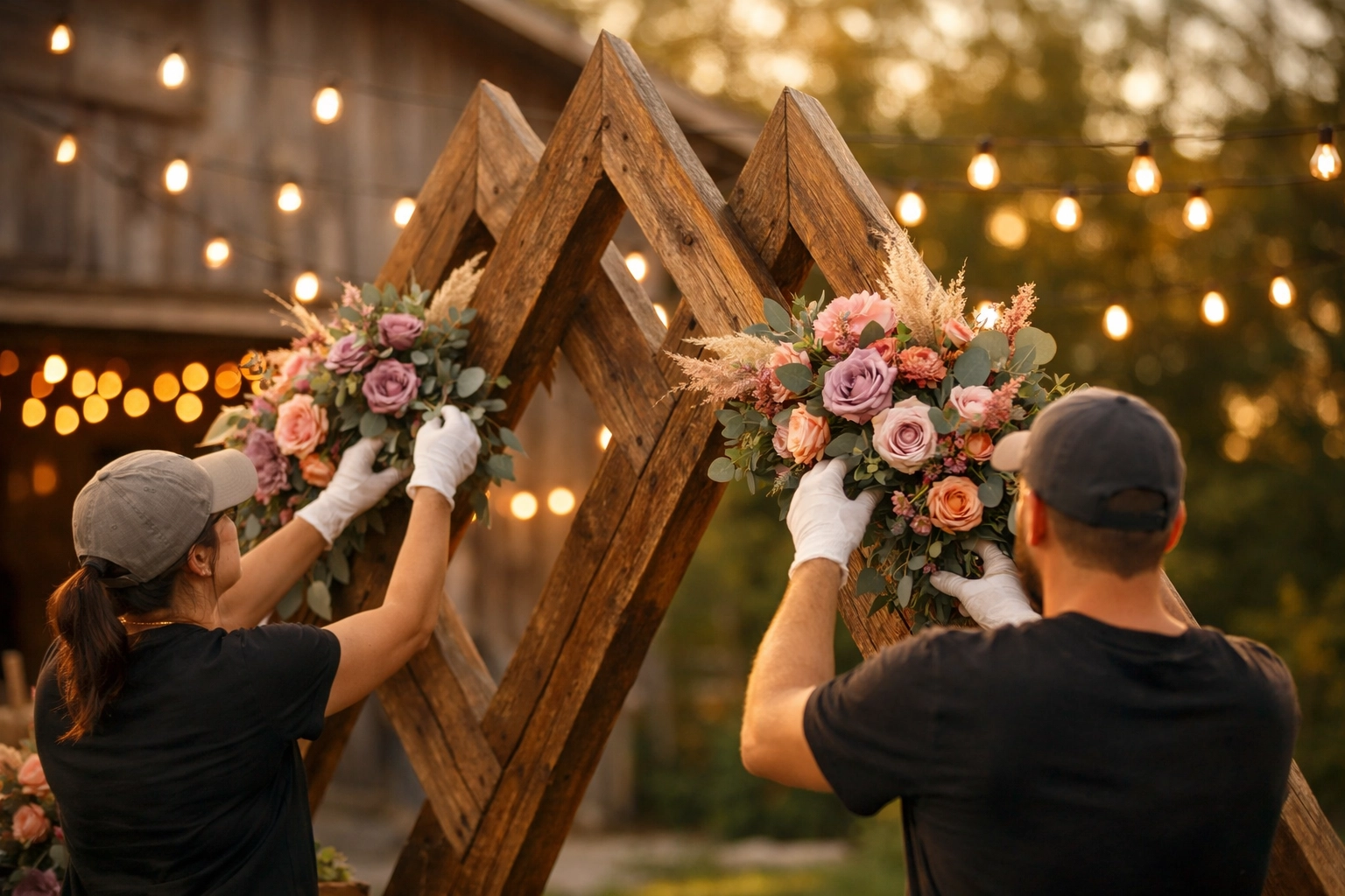 Rustic wedding arch rental setup featuring 2026 color trends like moody mauve and sage green florals.