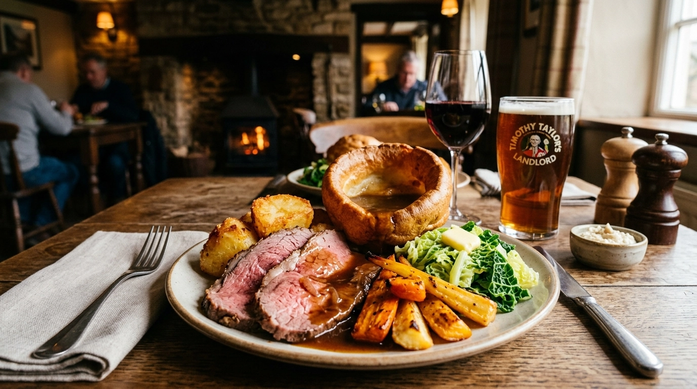 A delicious Sunday roast with roast beef, crispy potatoes, a giant Yorkshire pudding, rich gravy, and seasonal vegetables.