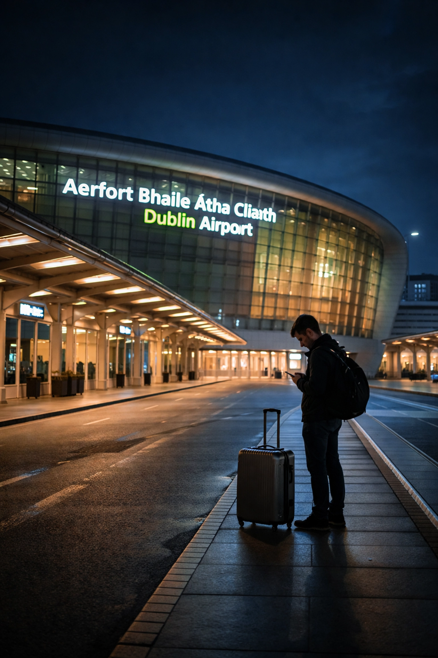Traveler waits with luggage outside Dublin Airport at night for a reliable 24-hour transfer to Belfast.