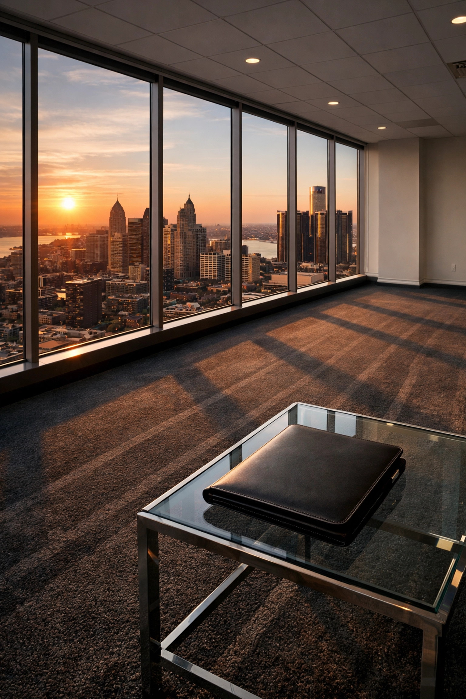 Professional vacancy clean of a Detroit high-rise office suite with freshly vacuumed carpets.