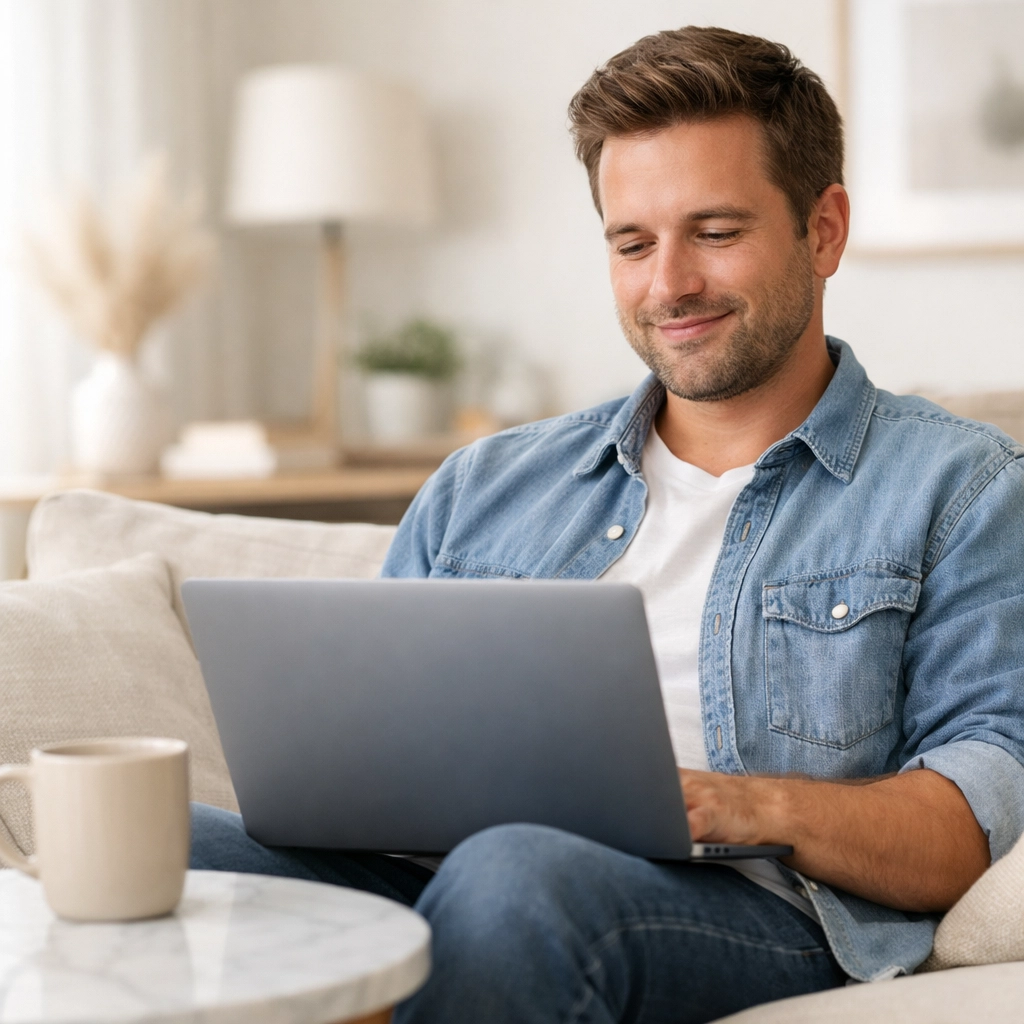 Satisfied person using a laptop to apply for a cash advance Canada from their living room.